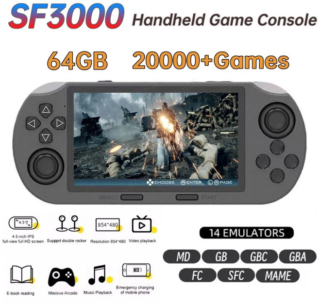 SF3000 레트로 핸드 헬드 비디오 게임 콘솔 Linux 시스템 4.5 인치 854*480 IPS 스크린 3000mAh 휴대용 포켓 비디오 플레이어 게임, 블랙