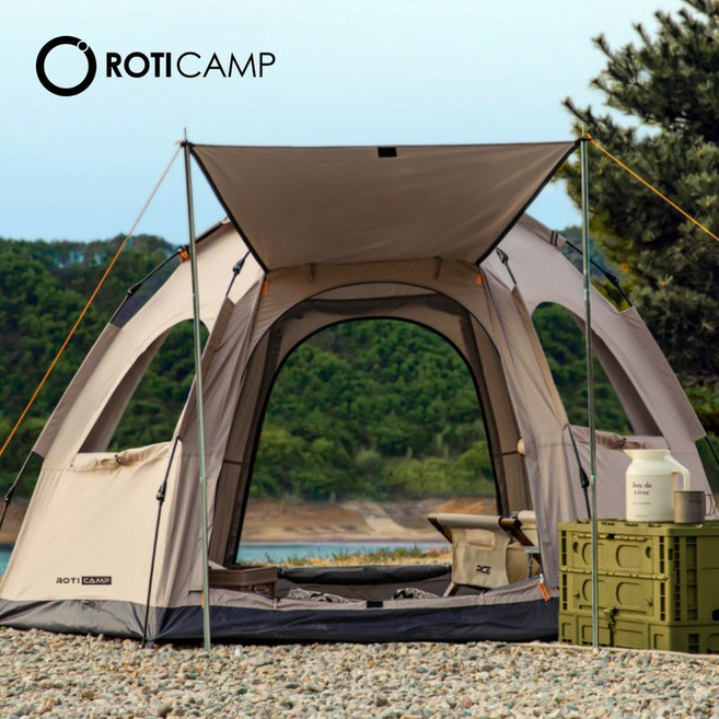 로티 캠프 육각 자동 대형 방수 감성 캠핑 그늘막 돔 원터치 텐트 4윈도우, 탄 (4윈도우)