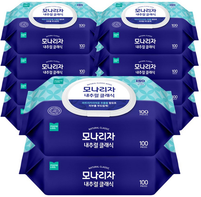 모나리자 내추럴 클래식 물티슈 캡형, 10개, 100매입, 40g