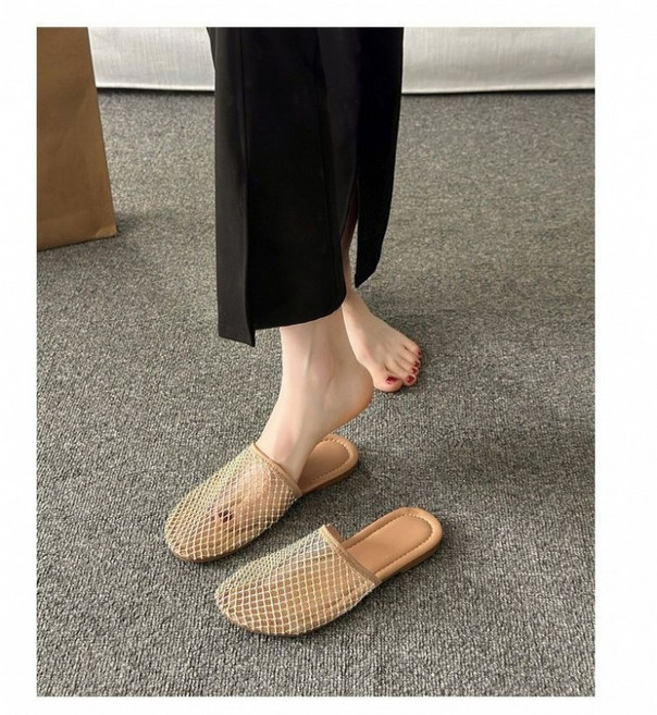 COSYEVNO 여성용 스팽글 장식 포인트 메쉬 스퀘어토 플랫 뮬 샌들 LFHtx-6