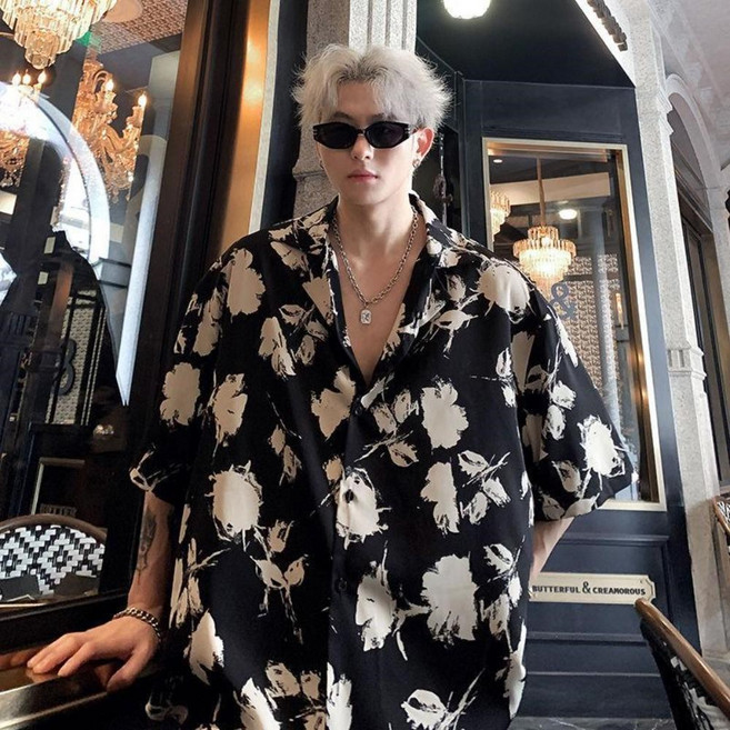 Vezri 남성용 플라워 칼라 반팔 셔츠 섹시한 실루엣