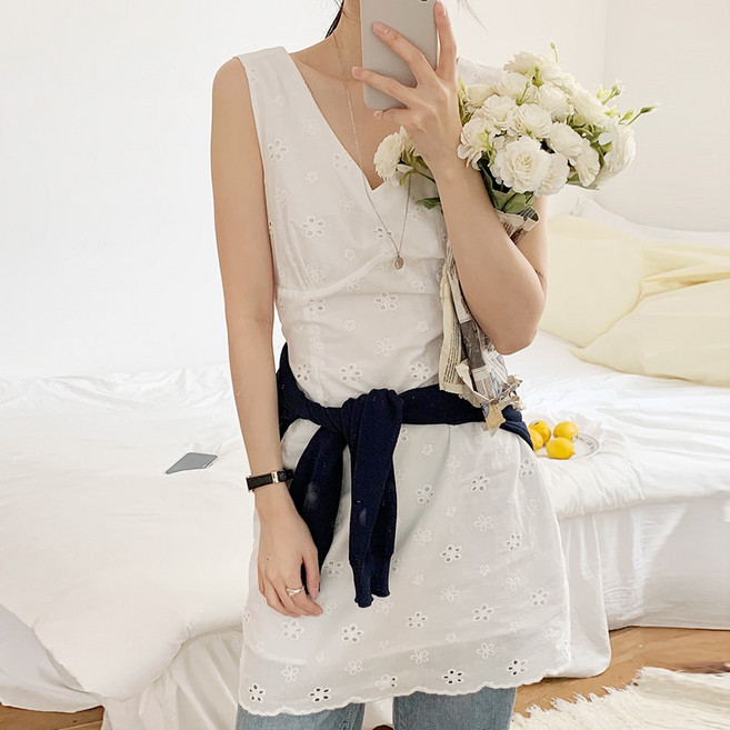 [SML] 여성 데이트룩 민소매 미니 코튼 원피스 여행룩 휴양지룩