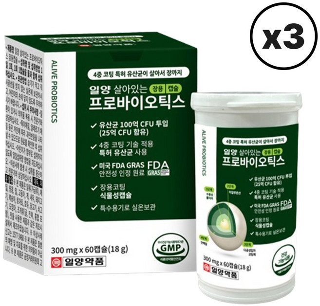 일양약품 일양 살아있는 프로바이오틱스 장용 캡슐 18g, 60정, 3개