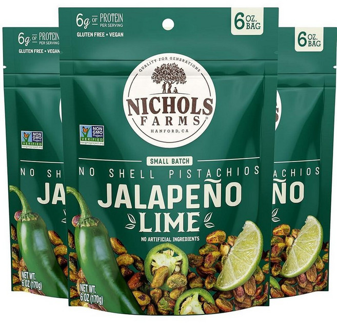 Nichols Farms 바다 소금으로 구운 껍질 없는 피스타치오 코셔 USDA 인증 유기농 GMO 프리 170g(6온스) (3팩), 할라피뇨 라임, 6oz (Pack of 3)