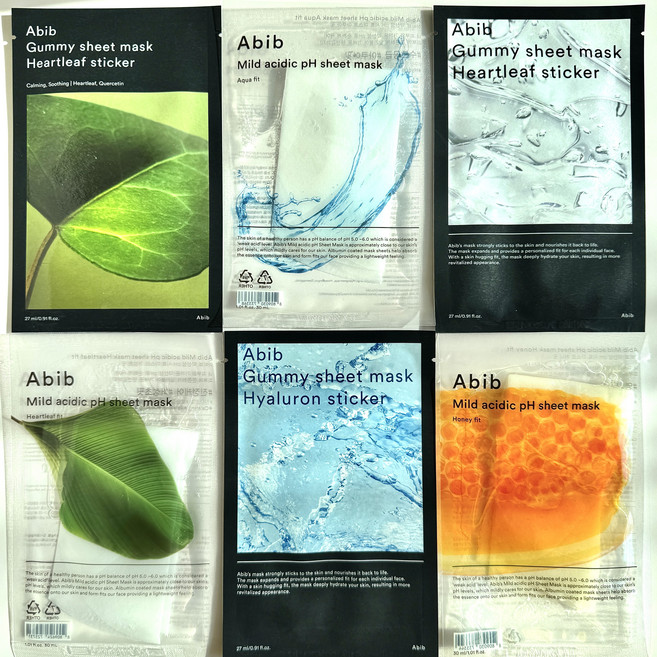 Abib Sheet Mask Collection: Gummy sticker/Mild acidic pH/껌딱지 시트 마스크/약산성 pH, 6매 Collection, 1개, 1개입