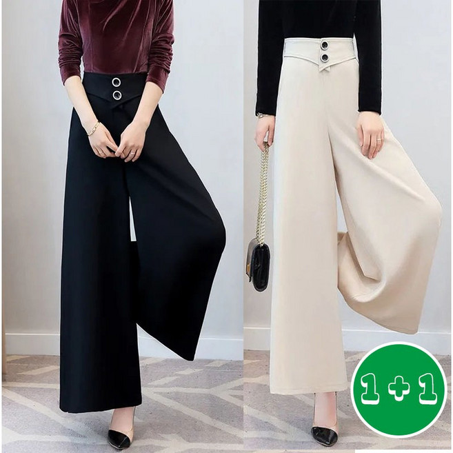 MAKABORO 1+1 여성 하이웨스트 와이드 정장바지 슬랙스 출퇴근 구김업는 바지 댄스 바지