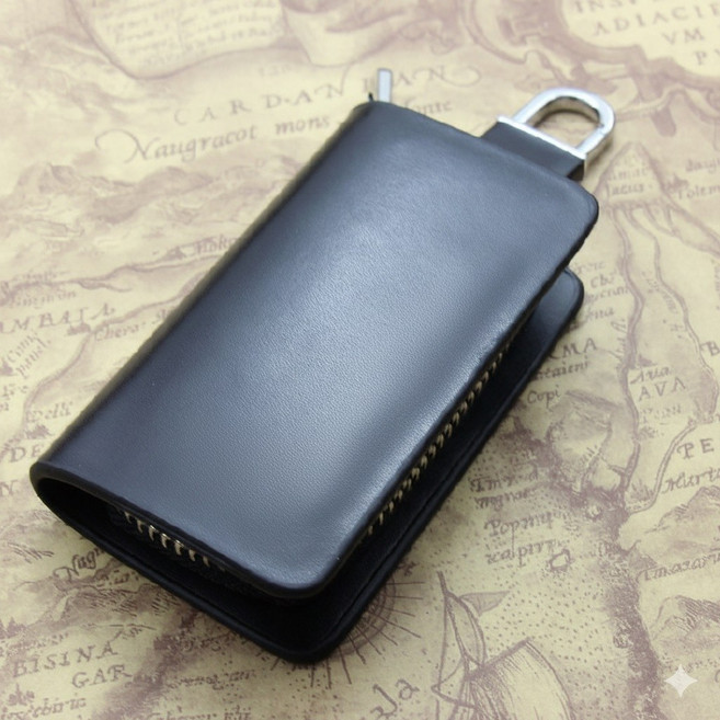 多功能皮革汽車鑰匙包 附鑰匙扣與零錢收納 腰掛設計, 黑, B