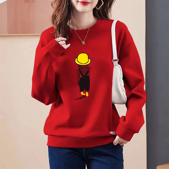 TKX 여성 캐주얼 라운드넥 맨투맨 귀여운 프린트 봄 가을 긴팔 티셔츠 넉넉한 핏 K53