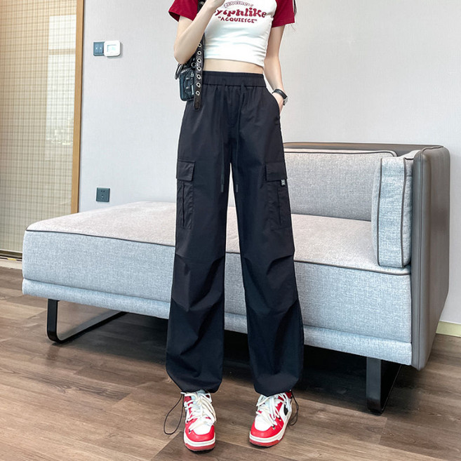 梨卡 女款寬鬆高腰工裝長褲 顯瘦休閒運動褲 黑色