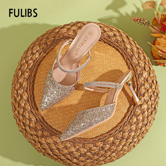 FULIBS 패션 스팽글 스틸레토하이힐 투웨이 큐빅 스트랩 여성 힐 샌들 슬리퍼 5cm 7.5cm 빅사이즈 여성 뮬 블로퍼 270-205