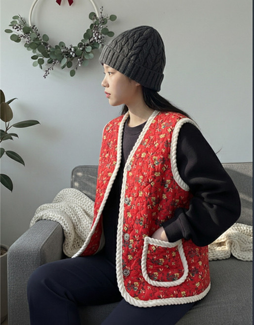 MORI Vest 기모 보온 김장조끼 고급 꽂무늬 촌캉스 할머니조끼