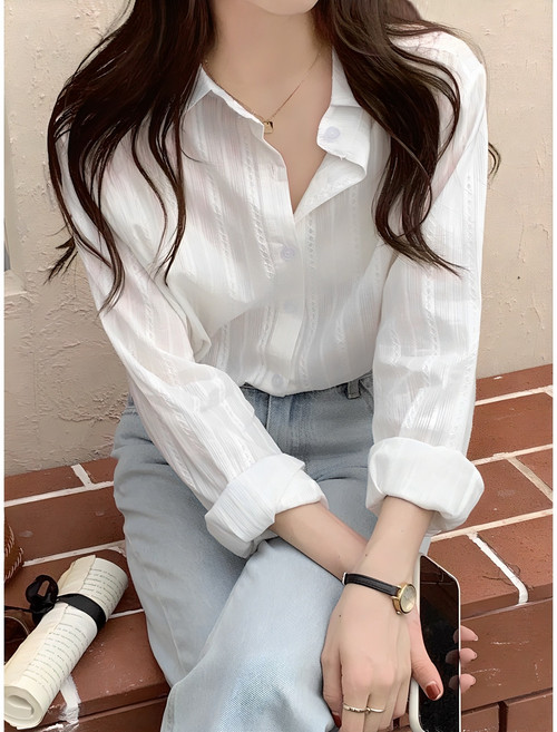 쪼예 사계절 레이스 꽈배기 스트라이프 긴팔 셔츠