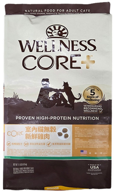 WELLNESS 寵物健康 CORE 室內貓 無穀貓糧, 新鮮雞肉, 11lb, 1袋