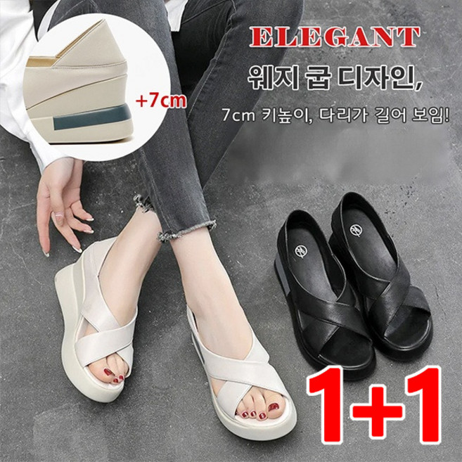 1+1 여성 웨지굽샌들 7cm 발편한 통굽여성샌들 경량 샌들 여성 통굽 스니커즈 샌들 발편한통굽샌들 패션 통굽 리얼가죽 샌들