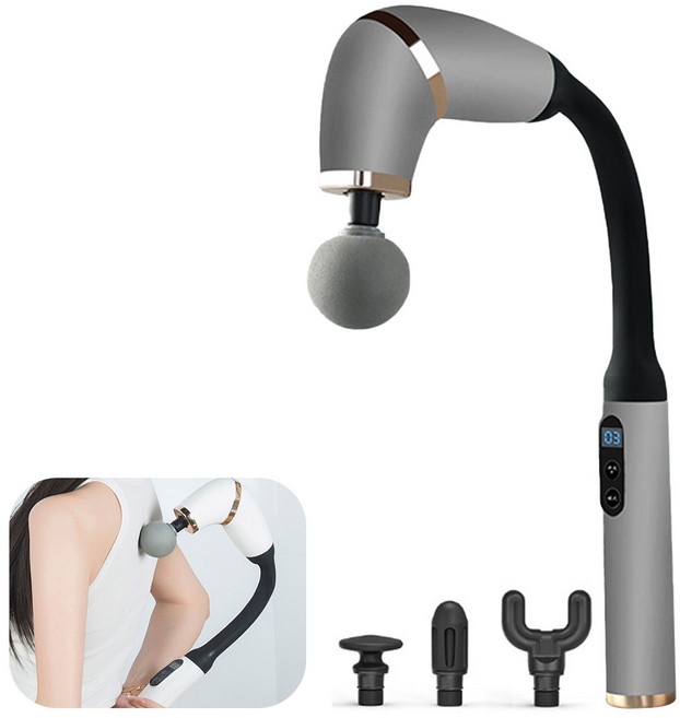 무선 진동 마사지건 충전식 롱 핸들 안마기 다용도 전신 진동 마사지기 4개 교체 안마봉, 회색