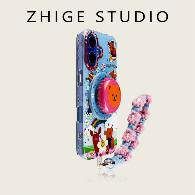 위글위글 병뚜껑 맥세이프 마그네틱 아이폰17 아이폰케이스 그립 톡홀더, 1개, A. 레인보우 가재 곰 + 스탠드 + 분홍색과 파란색