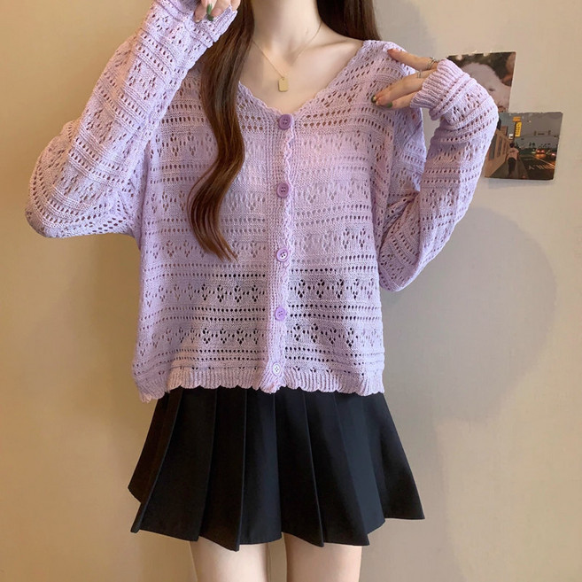 DUOMIHAN 여성 브이넥 크로셰 오픈워크 버튼 루즈핏 니트 가디건 ZZ01