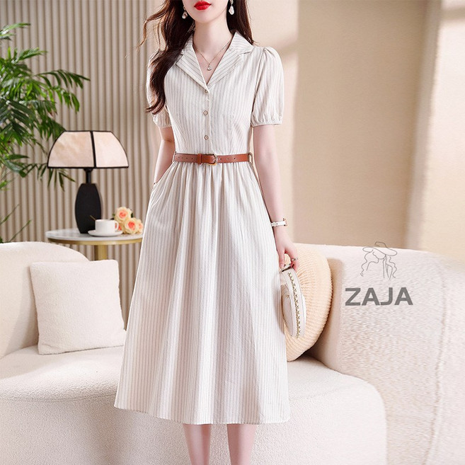 ZAJA 여성 스트라이프 셔츠 원피스 데일리 퍼프소매 롱원피스 하객룩 빅사이즈 (벨트 증정)