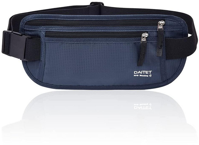 RFID 차단 머니 벨트 남성 및 여성용 슬림 패니 팩 여행 달리기 여권 홀더 휴대폰 현금용 허리 숨김 지갑 블랙. RFID 차단 및 벨트 너비: 2.5cm(1인, 블랙 다크 블루