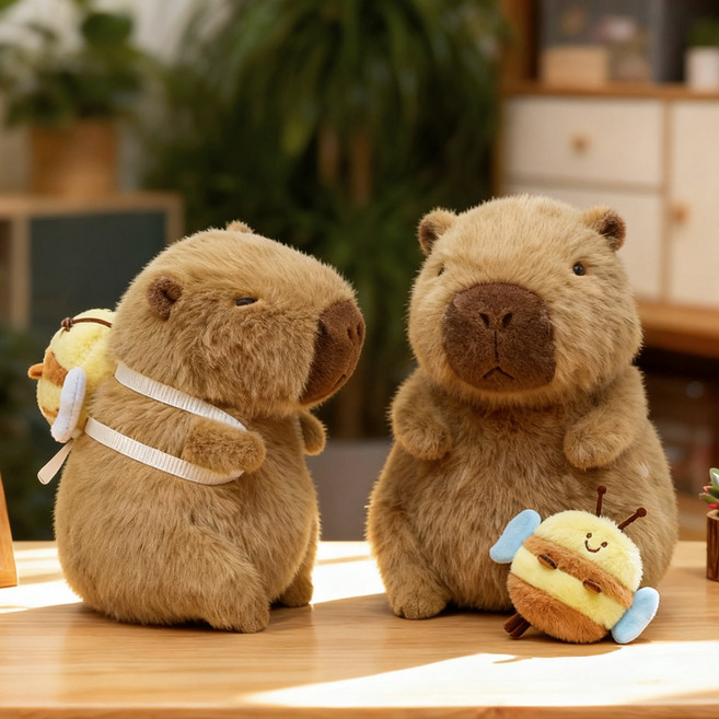 CIVILEE 벌을 등에 업은 카피바라 봉제인형 안고자는 캐릭터 인형, 1개, 갈색, 25cm