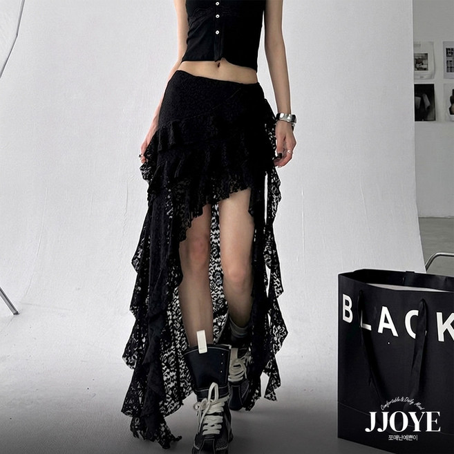 쪼예 로맨틱 시스루 프렌치 레이스 언발 프릴 레이어드 스커트