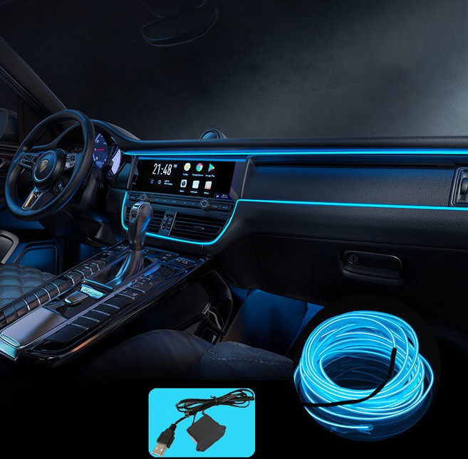 Sunwer 자동차 USB 라이트 광섬유 무드등 5m 차량용 EL 라인조명, USB 전원 공급, 1개, 아이스블루