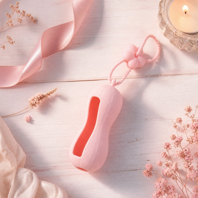 땅콩모양 립밤 케이스파우치 실리콘 립밤 키링 립스틱수납 키링, 1개, 핑크