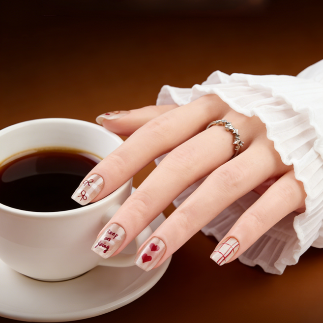 [당일배송] 데일리 리본 감성 네일팁 붙이는 셀프 젤네일 숏 자연스러운 디자인, 1개, 03 - T041 S