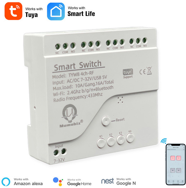 투야 스마트 4 채널 와이파이 RF 순간 인칭 릴레이 자동 잠금 스위치 모듈 DIY 차고 도어 컨트롤러 딘 레일, [01] Switch only, 1개