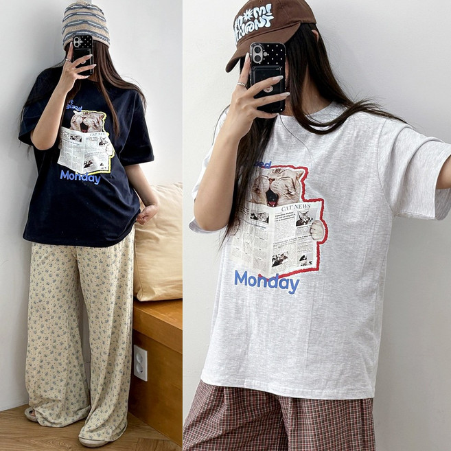 핑크홀릭 먼데이 야옹이 나염 루즈핏 반팔 티셔츠