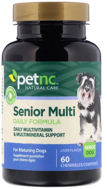 petnc NATURAL CARE 펫엔씨 시니어 비타민 포뮬러 시니어 도그 간(Liver) 맛 60 츄어블 아연 니아신 리보플라빈 엽산 콜린 비오틴 티아민 이노시톨 비타민A 함유 - 쿠팡