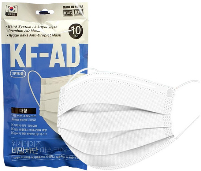 국산 비말차단 KF-AD 일회용마스크 10매 의약외품 휘게데이즈 대형 소형, 10매입, 1개
