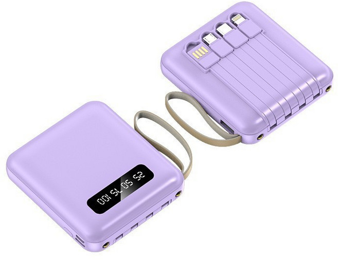 行動電源 20000毫安 大容量 自帶線 迷你便攜 BSMI認證 可登機, 紫色【挂绳自带线】,5000毫安【跨境出口】