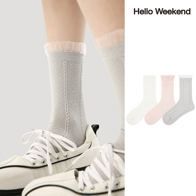 Hello Weekend 여성 순색 레이스 봄여름 양말 장목 양말 중목 양말 운동 압박 면 양말 3족 세트