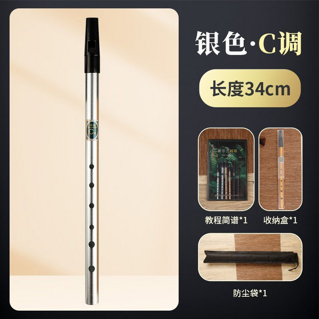 金屬笛子短豎笛哨笛子6孔 D調 入門易吹奏樂器, 1個, 【星河银 C调】+教程简谱+收纳套装