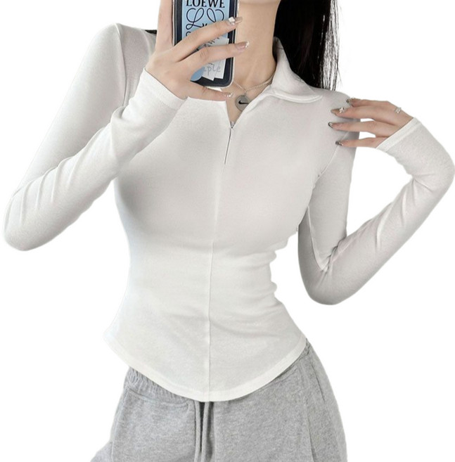 핑크셀럽 슬림핏 여성용 하프 지퍼 심 라인 긴팔 티셔츠