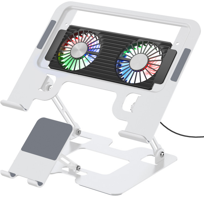 RUNDX 노트북 쿨링 스탠드 듀얼팬 탈부착 높이 조절 접이식 알루미늄 거치대, 실버, 1개