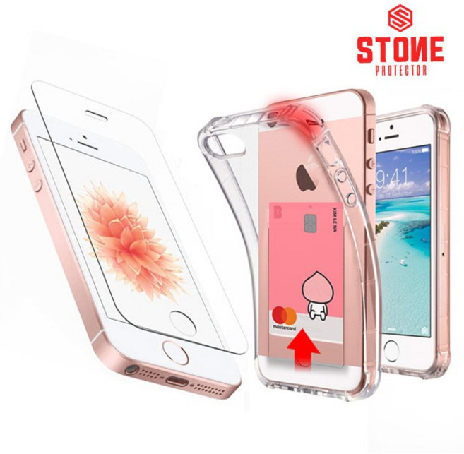 스톤스틸 아이폰5s 아이폰se 강화유리필름 + 카드수납 범퍼케이스, 1세트