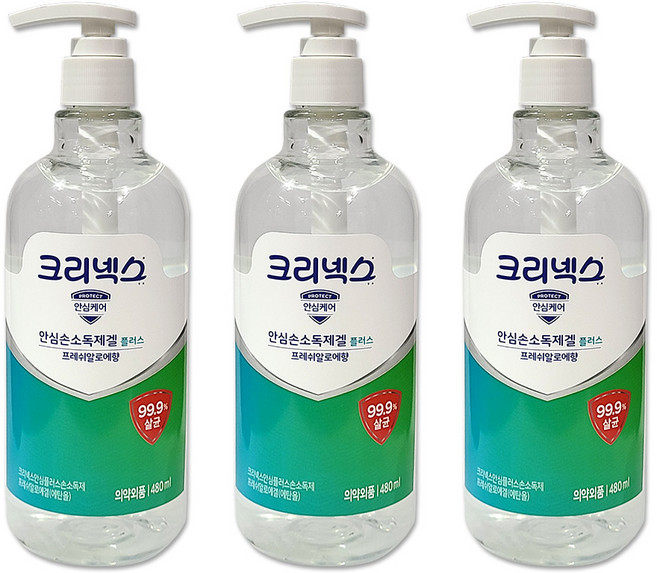 크리넥스 안심케어 손소독제겔 플러스 프레쉬알로에향, 3개, 480ml