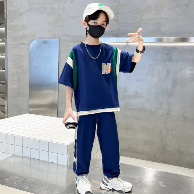 비비키드 남아 여름 주니어 초등생 WORK 페인팅 배색 반팔티 반바지 상의 초중생 하의 세트 주니어 상의+하의 세트 (333N)