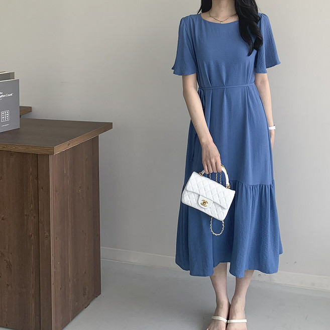 행복여 바넬 플레어 날개 소매 끈세트 롱 원피스