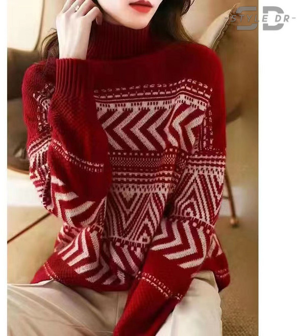 스타일닥터 가겨울 여성 하이넥 니트 레드 루즈핏 줄무늬 스웨터