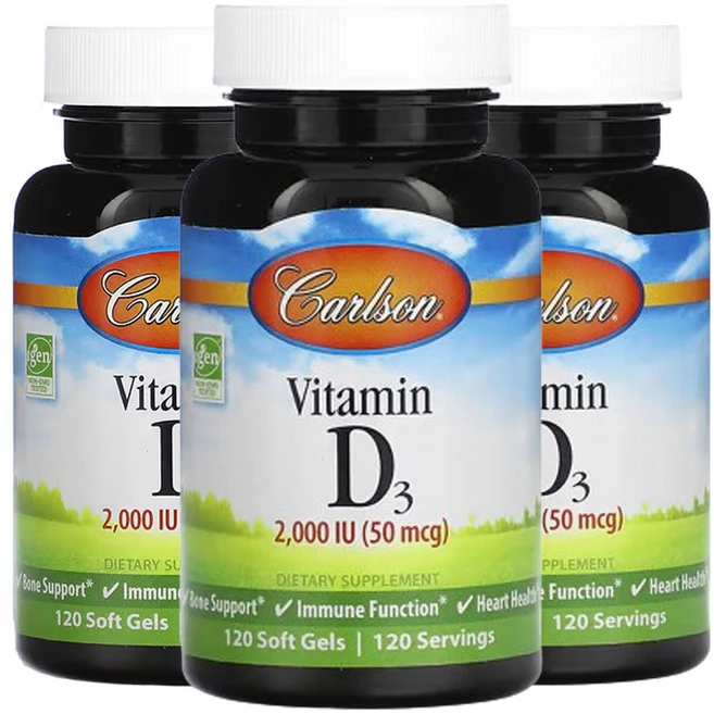 칼슨 비타민D3 50 mcg (2 000 IU) 120소프트젤, 3개, 120정 - 쿠팡
