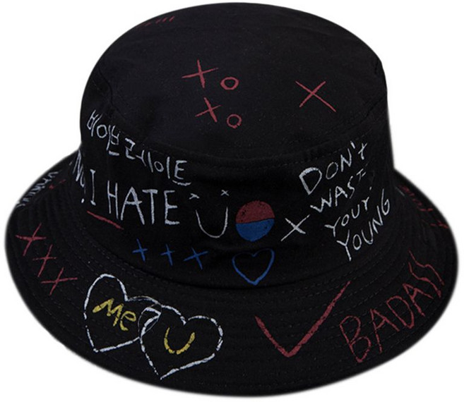 유니섹스 하라주쿠 버킷햇 한글 레터 그래피티 프린트 힙합 피셔맨 모자