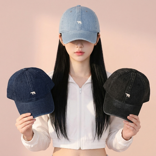 데일리스타즈 폴라 베어 데님 볼캡 남녀공용 북극곰 자수 워싱 야구모자 3color