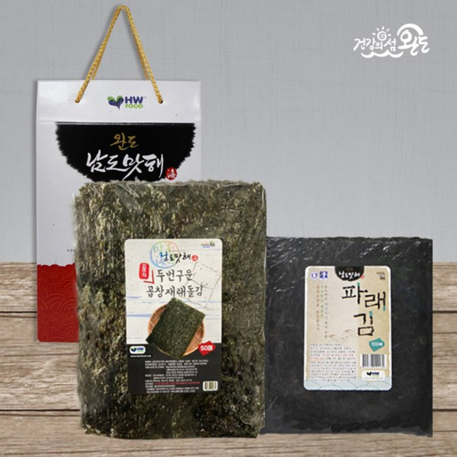 [완도] 지주식 명품곱창재래돌김세트 6호 (두번구운곱창재래돌김(50매/화입)1속+파래김(100매/화입)1속), 1세트