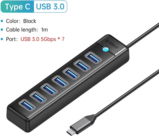 ORICO USB 3.0 허브 7 포트 분배기 고속 전송 유형 C 노트북 확장 컴퓨터 액세서리, 01 USB C 7 Port 100CM
