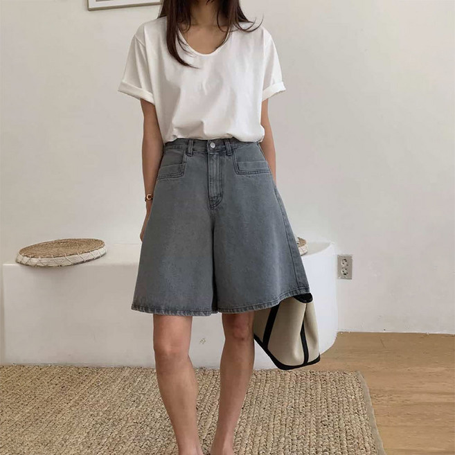 퀸럽 뒷밴딩 와이드핏 면100 A라인 데님 청반바지 5부 휴가 데이트 간절기 여름 봄