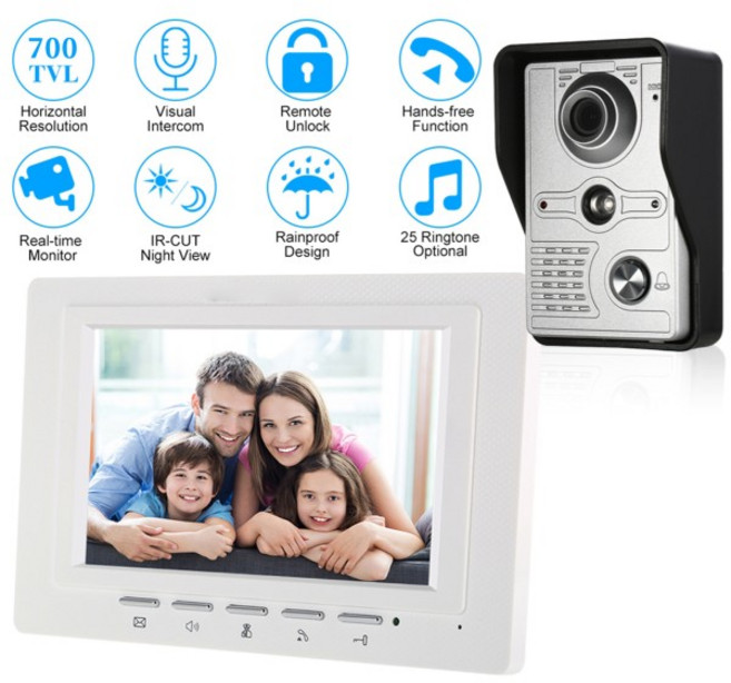 7인치 유선 비디오 도어벨 IR CUT 방수 야외 카메라 비주얼 인터콤 양방향 통화 원격 잠금 해제, 1) US PLUG