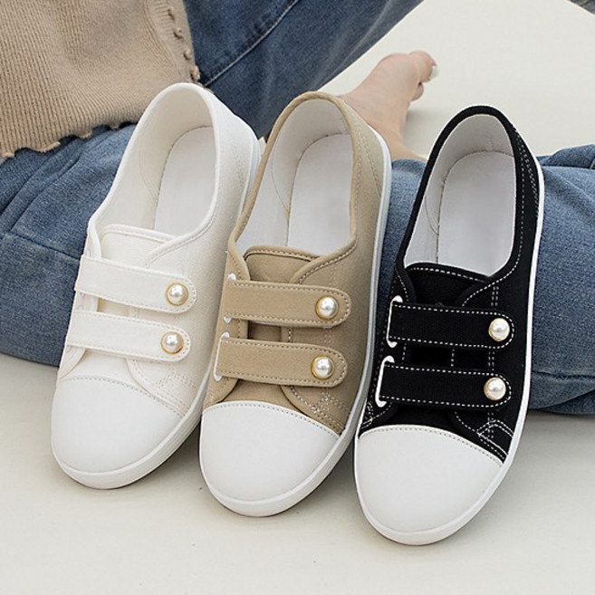 슈즈앤클럽 (국내제작)진주장식 벨크로 가벼운 플랫 스니커즈 단화2cm
